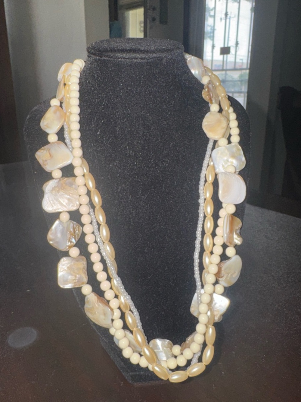 Avon Multi Four Strand Layered Necklace Faux Mother of Pearl Beaded Shell Ivory